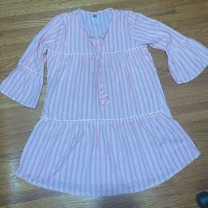 Women’s Pink Long Sleeve Ruffled Frilly Striped Dress